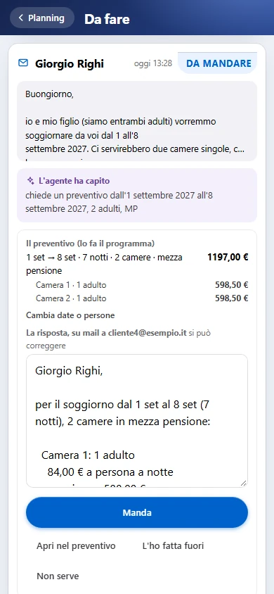 Da fare — Le richieste lette dall'assistente, col preventivo e la risposta pronti.